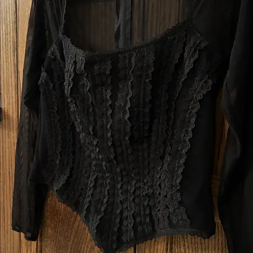 vintage Lillie Rubin Black Lace Corset Long Sleeve top Square Neck whimsygoth Size L