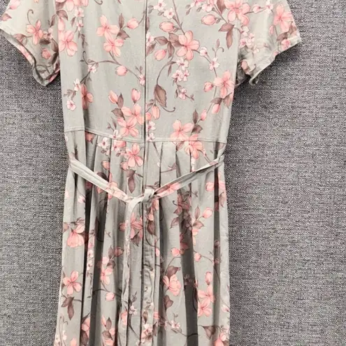 Vintage Cottagecore Dress L Prairie 80s Floral Linen Maxi Dress Removable Belt Green Size L