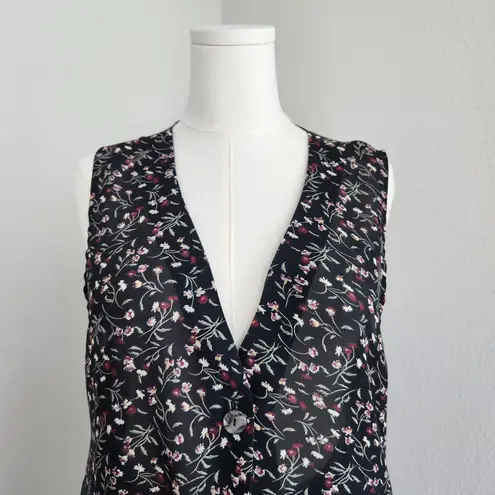 Vintage 90s Black Floral Sleeveless Vest Cardigan Top Grunge Cottage Blouse M Size XL