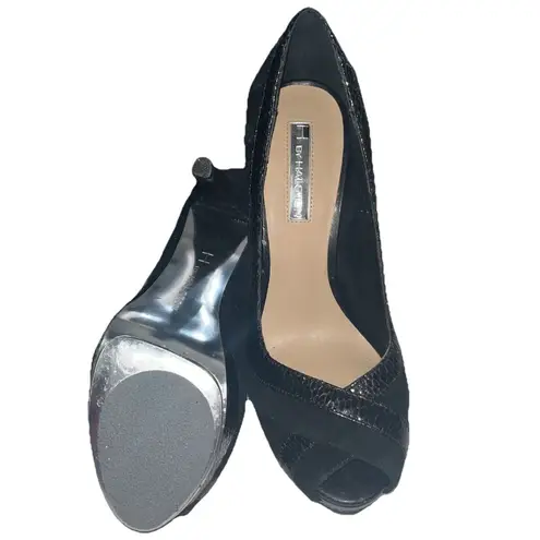 H by Halston Black Suede Snake Accents Platform Peep Toe Stiletto Women's Size 6