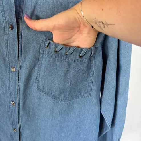 Vintage 90s Denim Western Shirt Rodeo Coastal Cowgirl Button Down Jean Large Blue