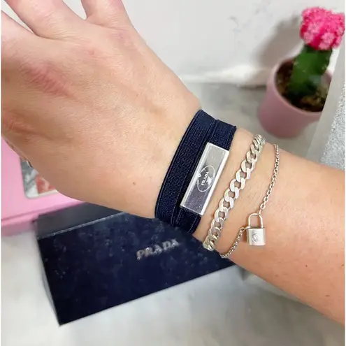 Prada Authentic  Navy & Silver Metal Logo Elastic Choker / Bracelet