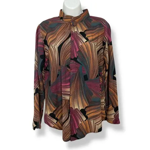 Vintage Blouse Graphic Pattern Handmade FLAWS Long Sleeve Fish Tail Secretary Brown Size M