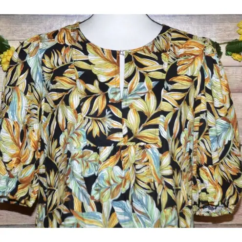 Panama Jack Women's XL Black Yellow Floral Blouse Top Linen Blend Keyhole Neck