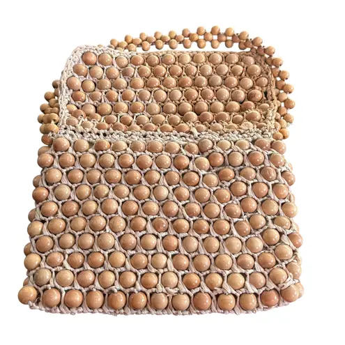 Vintage Beaded Handbag Natural Wood Raffia Woven Made in Japan Brown BOHO Retro Tan