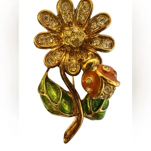 Vintage Enamel Flower Rhinestone Brooch Pin