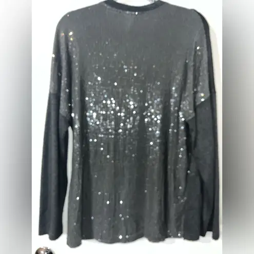 Tempo Paris Italy Women’s V-neck Clear Sequin Back Gray Fuzzy Sweater Pocket Sm