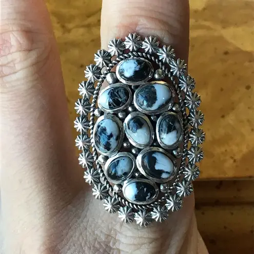 Genuine White Buffalo Sterling Silver Statement Ring 9