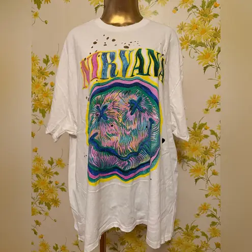 Nirvana Distressed T-shirt Dress white size S/M