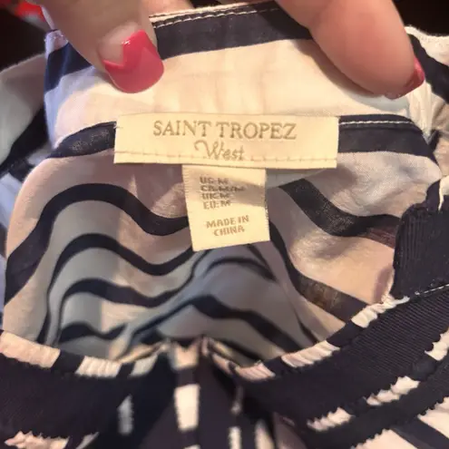 Saint Tropez West Navy White Stripe Cotton Tunic Top Split Neck Long Sleeve M Size M