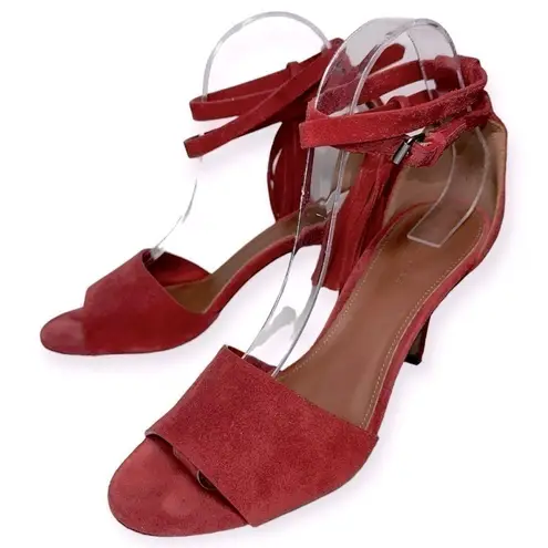 Yvonne Kone Women’s Size 38 7.5 Red Suede Wrap Tassel Ankle Open Toe Pumps Heels