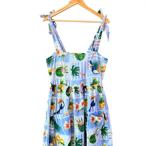 TRUE DESTINATIONS Tropical Toucan Print Tie Strap Midi Sundress Vacation Size L Blue Size L