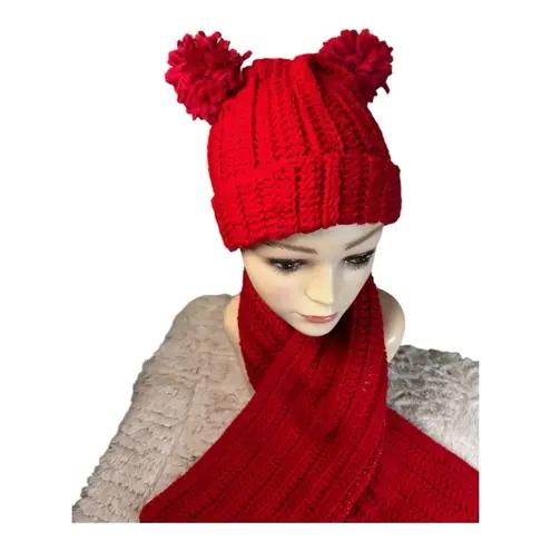 Handmade Bright Red (some gold touches) Crochet Hat & Scarf Set Cozy & Stylish