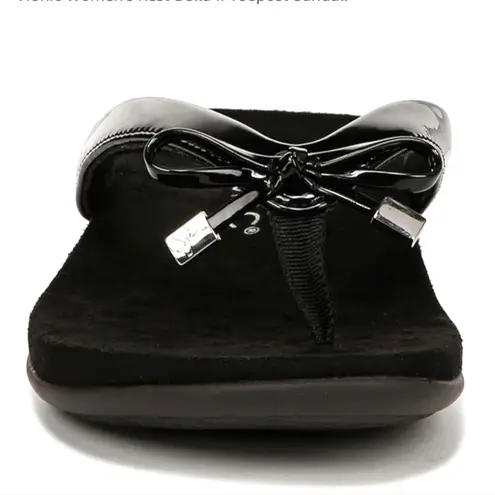 Vionic Womens 11 Bella Black Patent Leather Bow Flip Flop Sandals Arch Support
