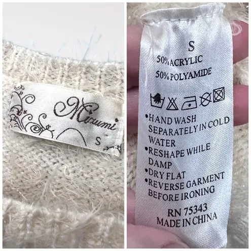 Mizumi Ivory Beaded Fuzzy Sweater Embellished Long Sleeve Soft Knit Size Small White