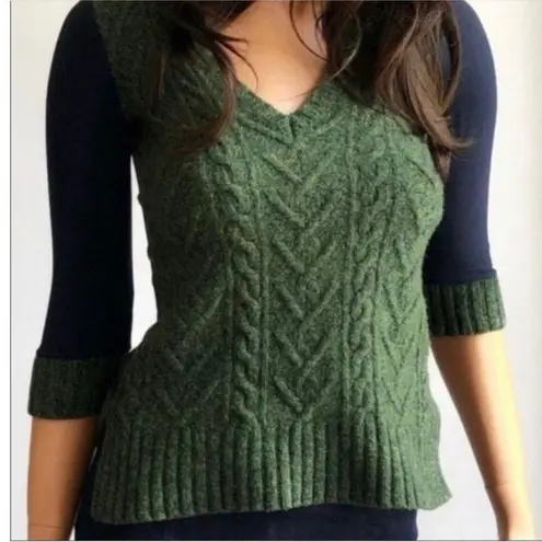 Pilcro and the Letterpress Dually Clad Wool Cable Knit Sweater Green/Navy Size L