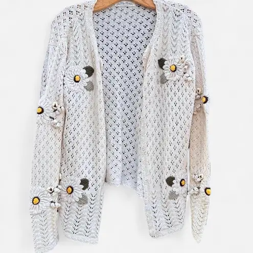 Cottage core vintage daisy flower child cream crotchet knit 3d daisy cardigan S White
