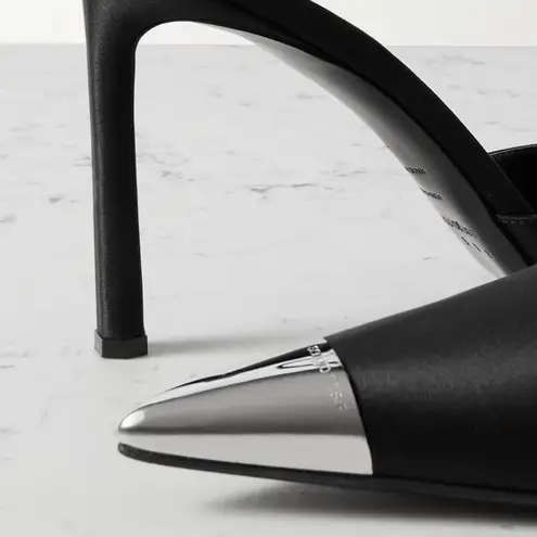 New Sergio Rossi x AREA Black Embellished Satin Metal Silver Pointed Toe Pump Size 6