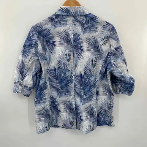 Karen Kane Blazer Jacket Womens Large Blue White Cotton Tropical Leaf Print