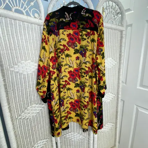 Susan Graver Floral Kimono Cardigan Black Yellow Red Open Front Drape Jacket