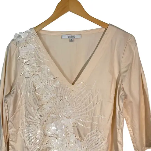 Badgley Mischka Embellished Top Sequins Floral Cotton V Neck Blouse Size 8