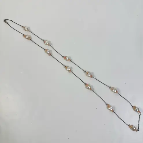 Source Unknown Sterling Silver Freshwater Pearl Angel Skin Coral Long Layering Necklace