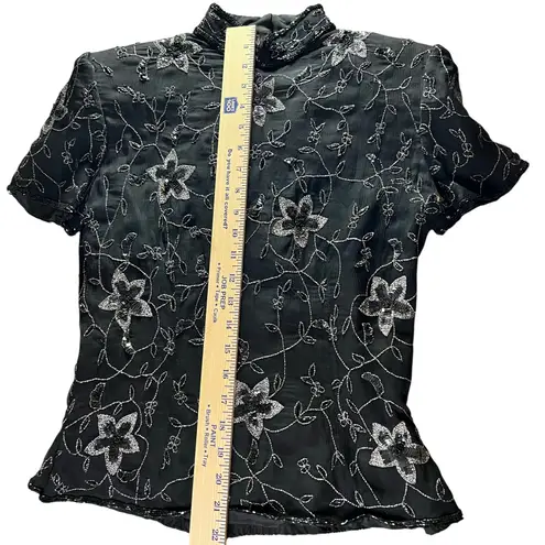 Papell Boutique top women’s size Medium black Indian beaded silk floral VTG 80