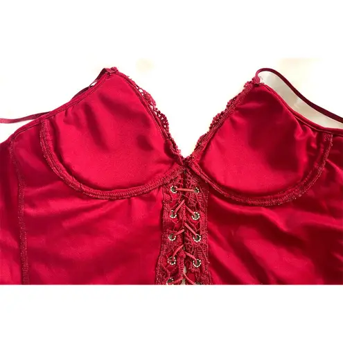 Red Lace Corset Crop Top – Zipper Back, Faux Leather Tie