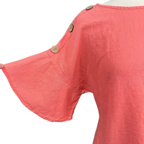 Ellen Tracy Coral Linen Blend Button Shoulder Top Women’s Size M