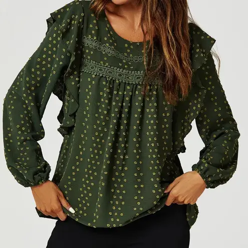 My Color Blue Boho Green Ruffles Blouse Dots Twee Casual Fall Medium