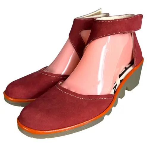 Fly London Red Wedge Sandals Suede Leather Heels Statement Size EU 39 US 8 - 8.5