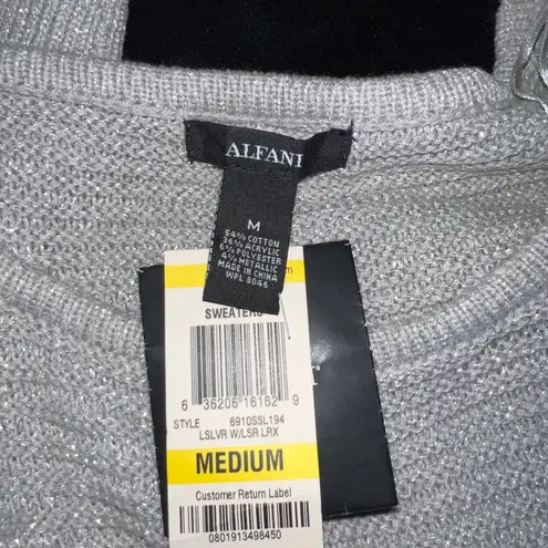 Alfani NWT Womens Medium Metallic Silver Knit Sweater Long Sleeve Holiday Casual