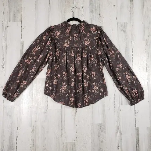 a.n.a NWT  New Approach High Neck Ruffle Long Sleeve Brown Floral Top Size Small