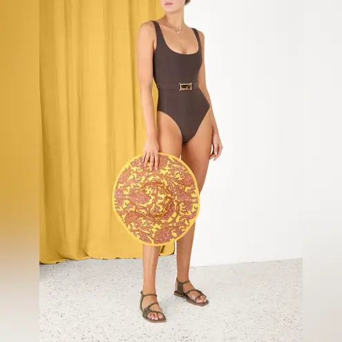 Zimmerman NWT 3 Large Laurel Ribbed Belted One-Piece Swimsuit Chocolate Brown