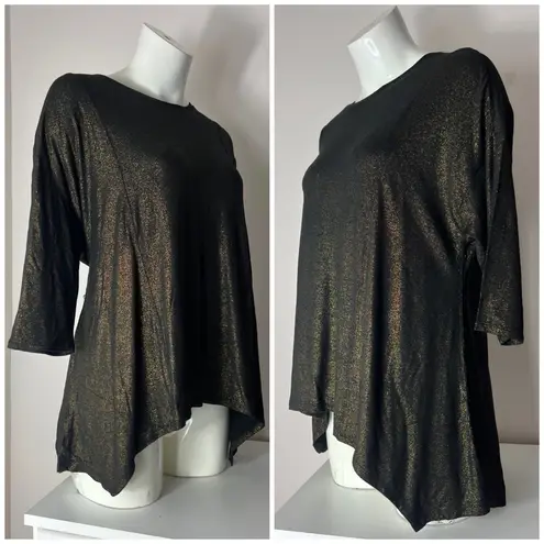Iman Black Gold Metallic Glitter Asymmetric Hem Sparkle Top Size Small NWT