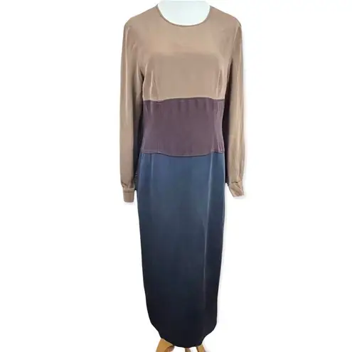 Vintage 90’s Pat Argenti Silk Neutral Colorblock Midi Dress M Tan Size 8