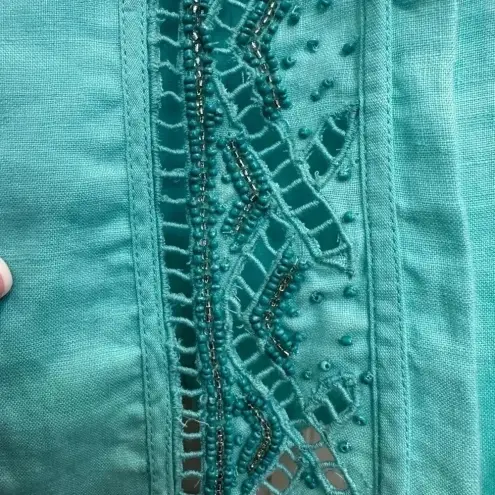 Chico's  Aqua Breeze Beaded Linen Turquoise Open Jacket Cardigan Coastal Size 0 S
