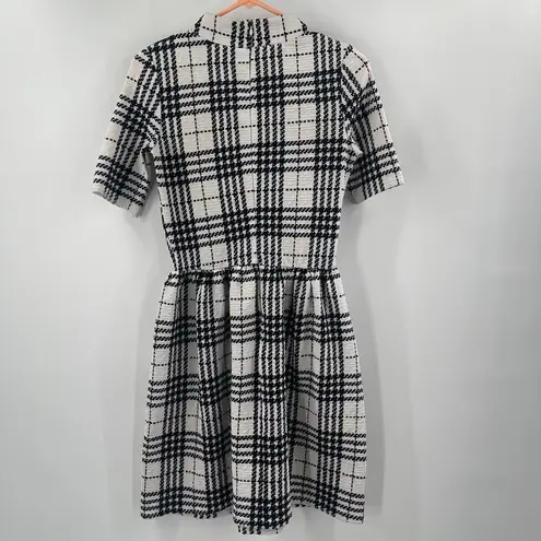 LORD & TAYLOR Design Lab Dress Medium Plaid Checks B&W Mock Neck Fit & Flare Black