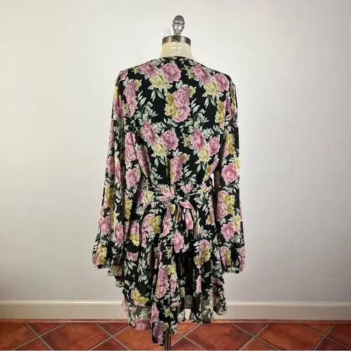 Showpo Jaspha Sheer Detail Ruffle Skirt V Neck Mini Dress In Black Floral Pink Size 16