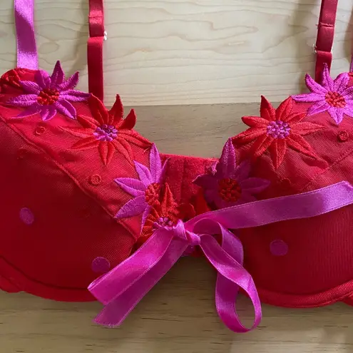 Frederick's of Hollywood Fredrick’s Of Hollywood Red And Pink Floral Ribbon Front Bra Size 36C