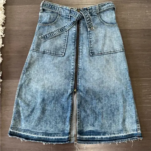 Belle Sky Belle & Sky Denim Zip Front Raw Hem Vintage Wash Midi A Line Skirt sz2