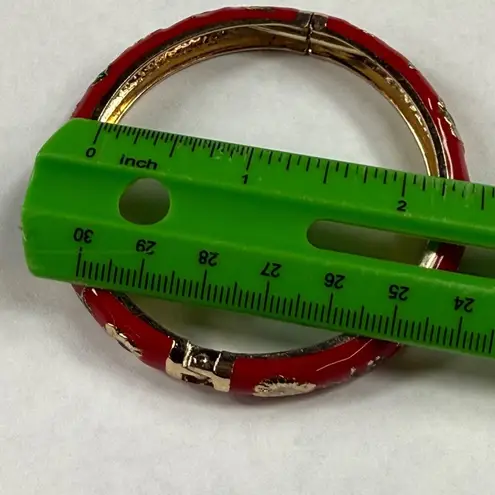 Clamper Style Bracelet Red Color Flower Pattern Accent Multicolor Enamel Painted