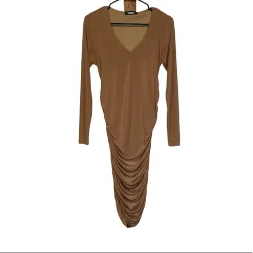 Missguided  Brown Long Sleeve Ruched Gathered Bodycon Dress Size 8