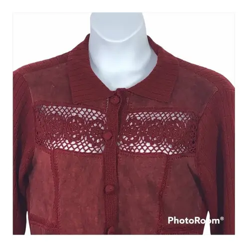 J. Jill Rustic Red Wool & Suede Patchwork Long Cardigan Medium Tall