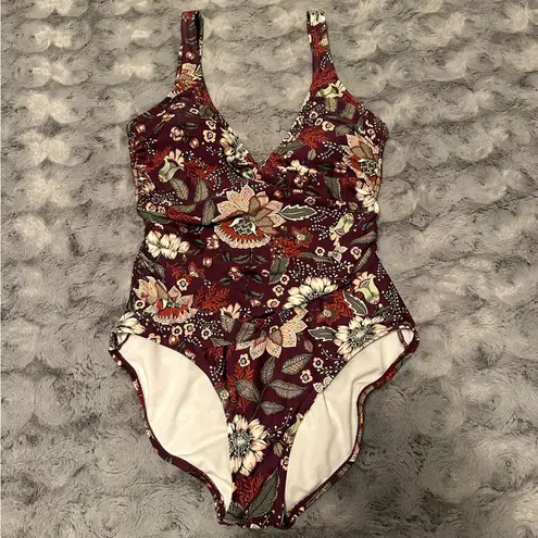 Anne cole Size 10 20M0033 Wine Floral Print Boho Flattering One Piece Swimsuit