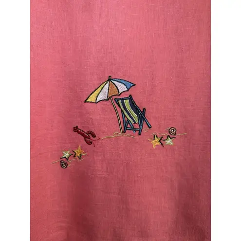 Ultra Dress Linen Coral Summer Beach Embroidered Abalone Shell Button Up Size 12
