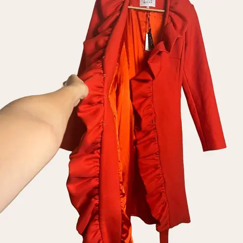 Milly Flame Red Ruffle Front Belted Knee-Length Coat Size 4 NWT