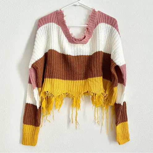 NWT Frayed Mustard Pink Brown Color Block Knit Cropped Sweater Size Medium - Image 6