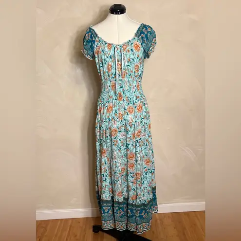 OSTOO Womens Short Sleeve Boho Floral Feminine Tiered Flowy Long Maxi Dress|SZ:M Blue Size M