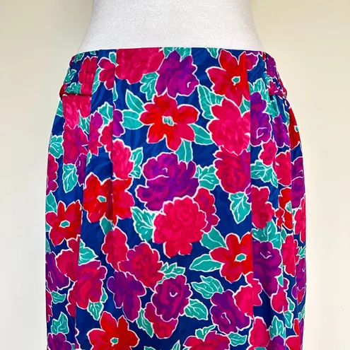 Vintage Floral Midi Skirt Size L Bright 80s Elastic Waist Pleated Front Size L